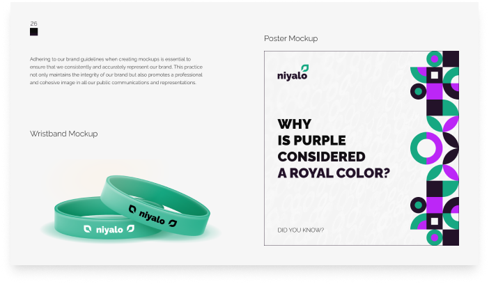 Mockups of a wristband and poster for brand guideline examples.